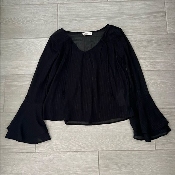Hollister XS Black Metallic lurex stripes chiffon bell sleeve flowy top blouse - Picture 2 of 8